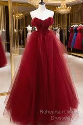 Burgundy Sweetheart Ball Gown Tulle With Beaded Semi Formal Prom Dress, Burgundy Party Dress